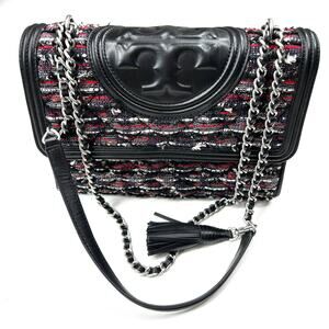 Tory Burch | Soft Fleming Tweed Black Red Shoulder Bag Silver Hardware